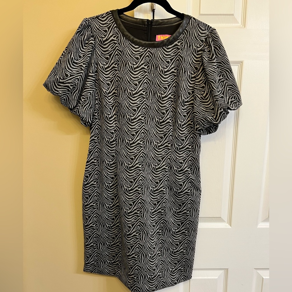 THML Print Poof Sleeve Dress, Vegan leather detail at neck. Pockets & Stretch